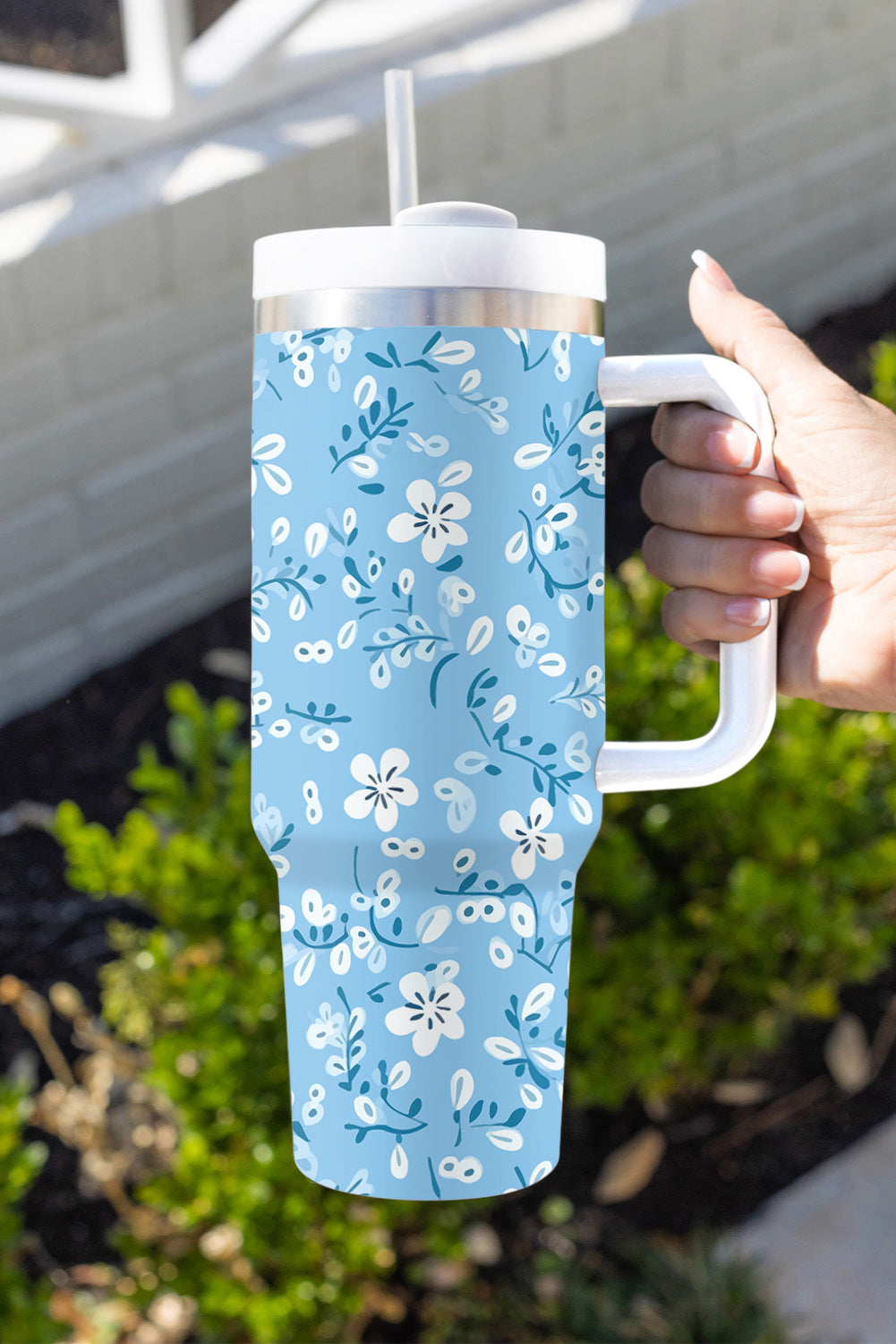 Light Blue Floral Print Stainless Steel Vacuum Cup 40oz Tumblers JT's Designer Fashion