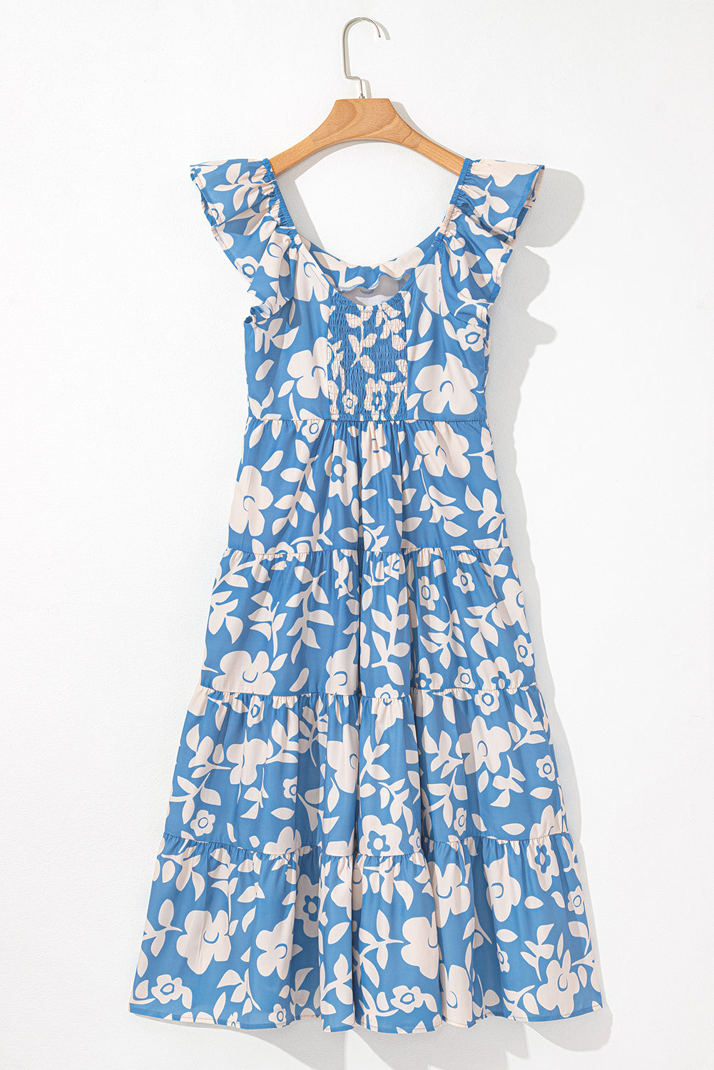 Sky Blue Floral U Neck Flutter Shoulder Tiered Flowy Midi Dress Floral Dresses JT's Designer Fashion