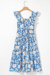 Sky Blue Floral U Neck Flutter Shoulder Tiered Flowy Midi Dress Floral Dresses JT's Designer Fashion