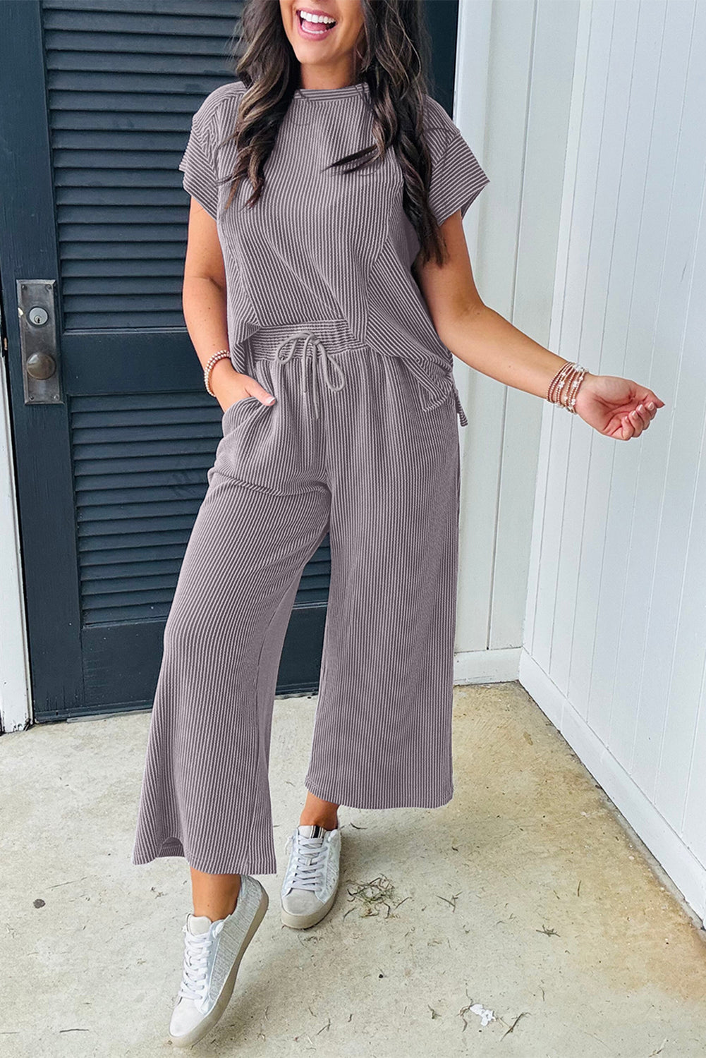 Wild Wind Solid Corded Knit Short Sleeve T Shirt and Wide Leg Pants Set Pant Sets JT's Designer Fashion