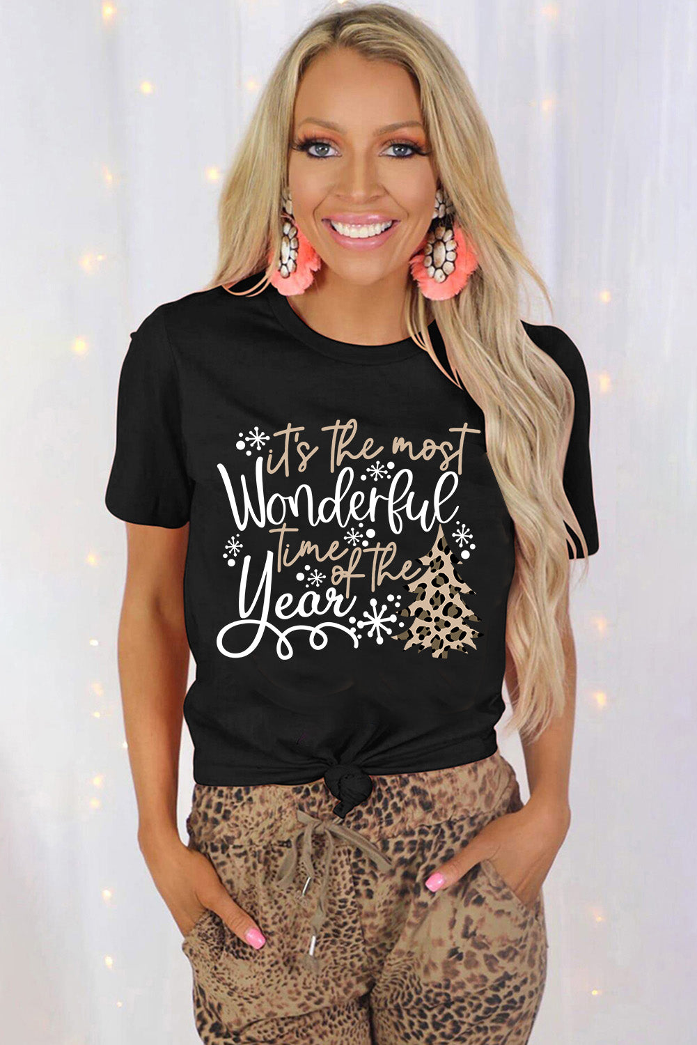 Black Wonderful Christmas Season Leopard Graphic Tee Graphic Tees JT's Designer Fashion