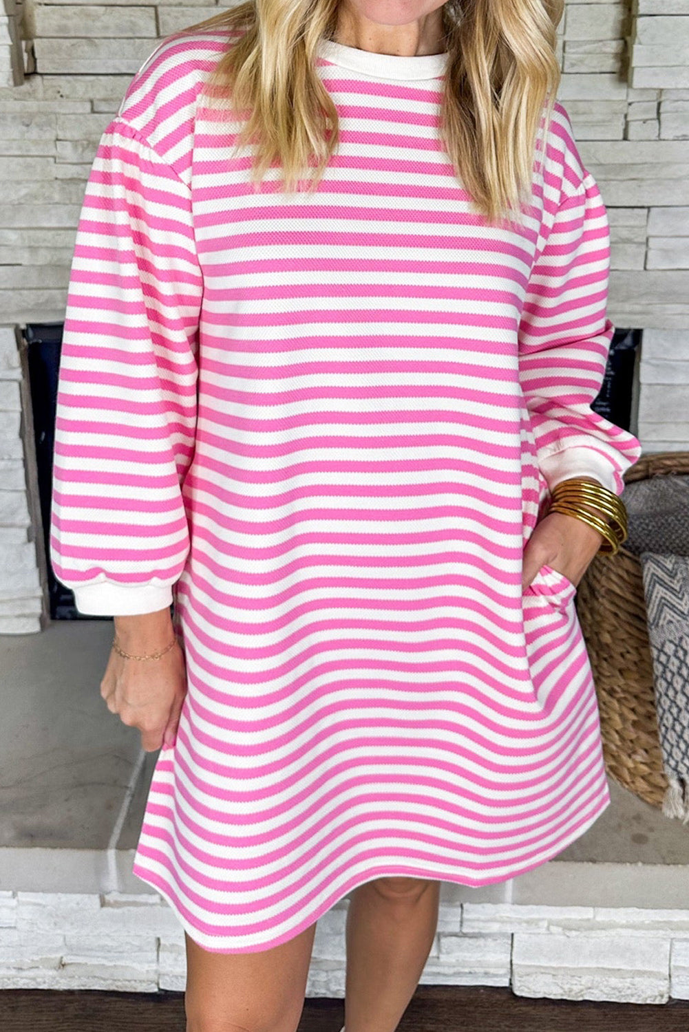 Pink Stripe Round Neck Puff Sleeve Pocketed Shift Dress Mini Dresses JT's Designer Fashion