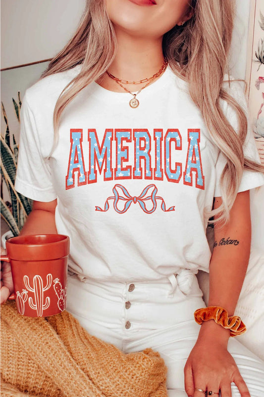 White AMERICA Bow Knot Print Crew Neck Casual Tee Graphic Tees JT's Designer Fashion