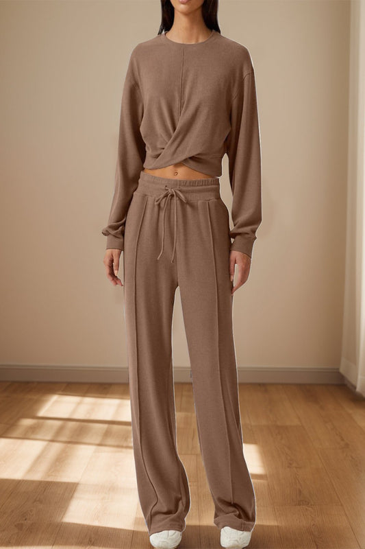 Crisscross Round Neck Top and Drawstring Pants Set Brown Pant Sets JT's Designer Fashion