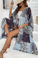 Blue Retro Floral Print Long Loose Open Front Kimono Kimonos JT's Designer Fashion