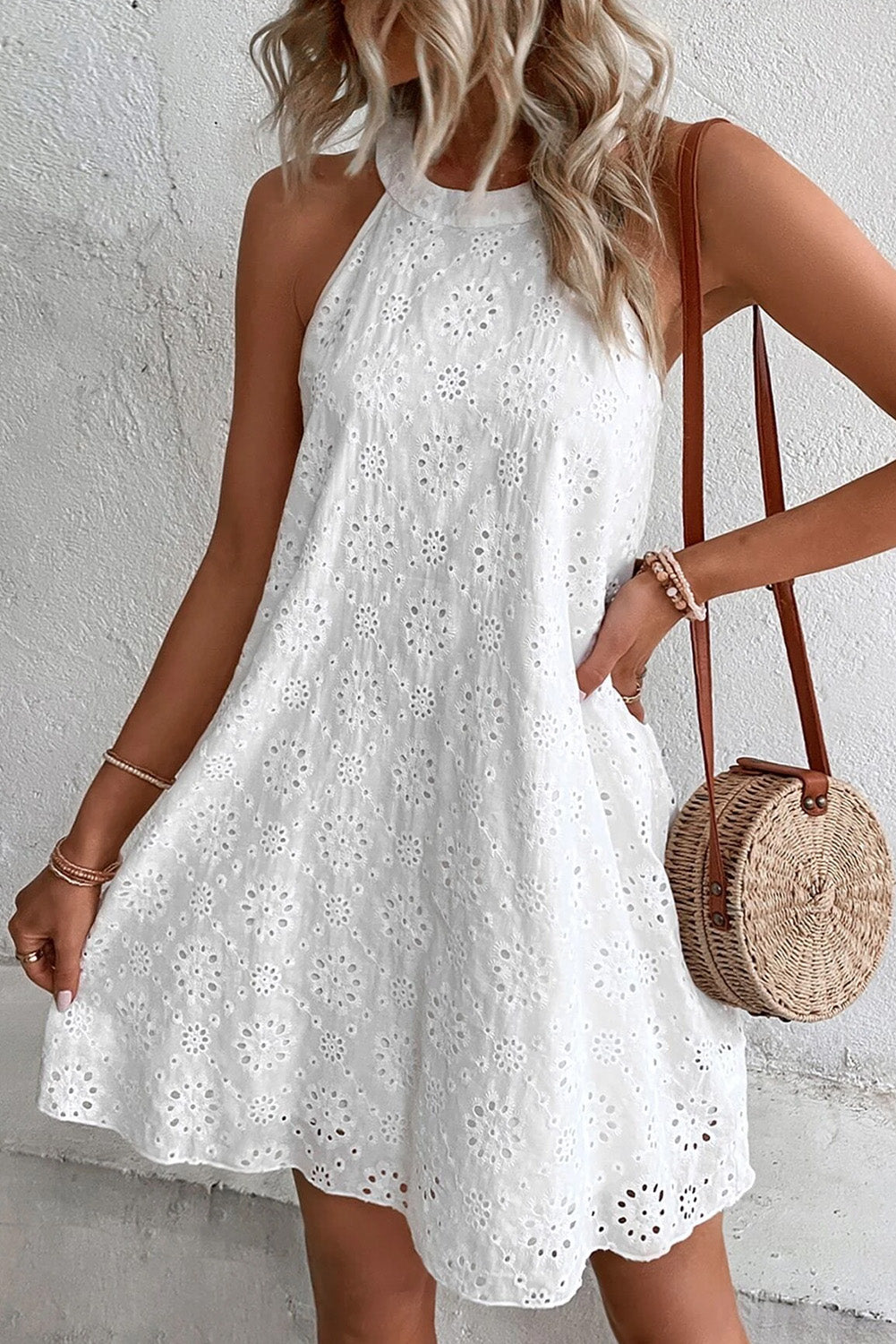 White Boho Eyelet Pattern Halter Neck Sleeveless Dress Mini Dresses JT's Designer Fashion