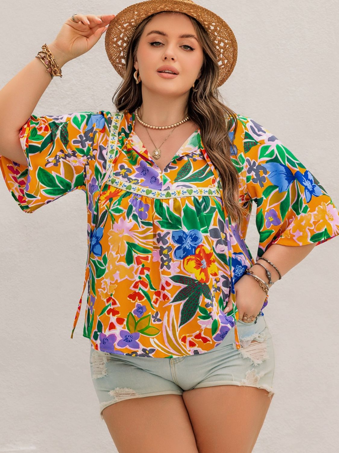 Plus Size Printed Tie Neck Half Sleeve Blouse Blouses & Shirts JT's Designer Fashion