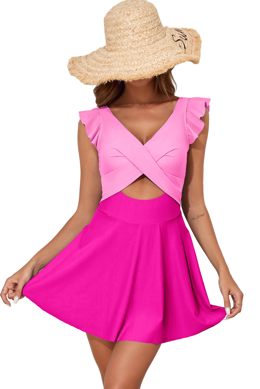 Bright Pink 2-tone Patchwork Crossed Cutout One Piece Swimdress Swimwear JT's Designer Fashion