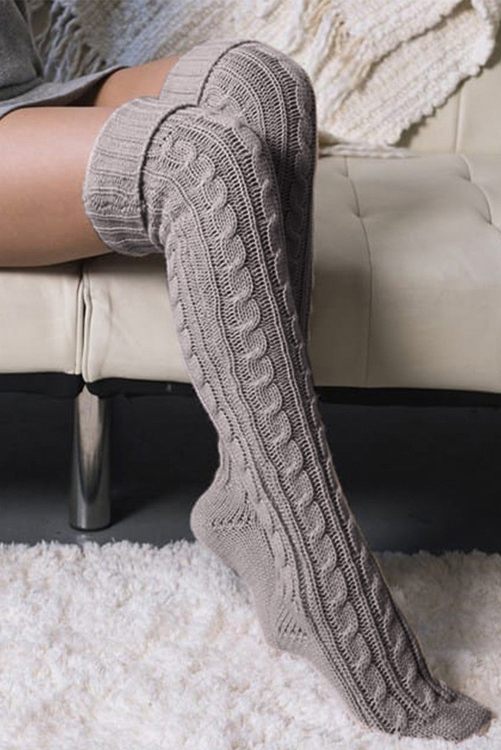 Medium Grey Cable Knit Thigh High Socks Socks JT's Designer Fashion