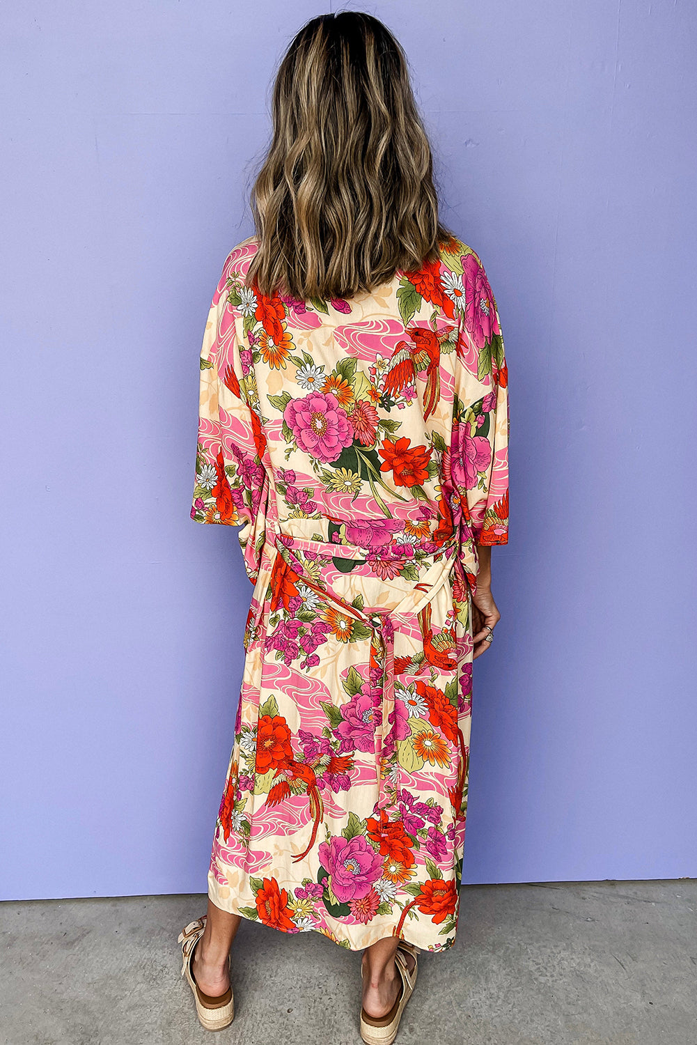 Pink Floral Allover Print Open Front Belted Duster Kimono Kimonos JT's Designer Fashion