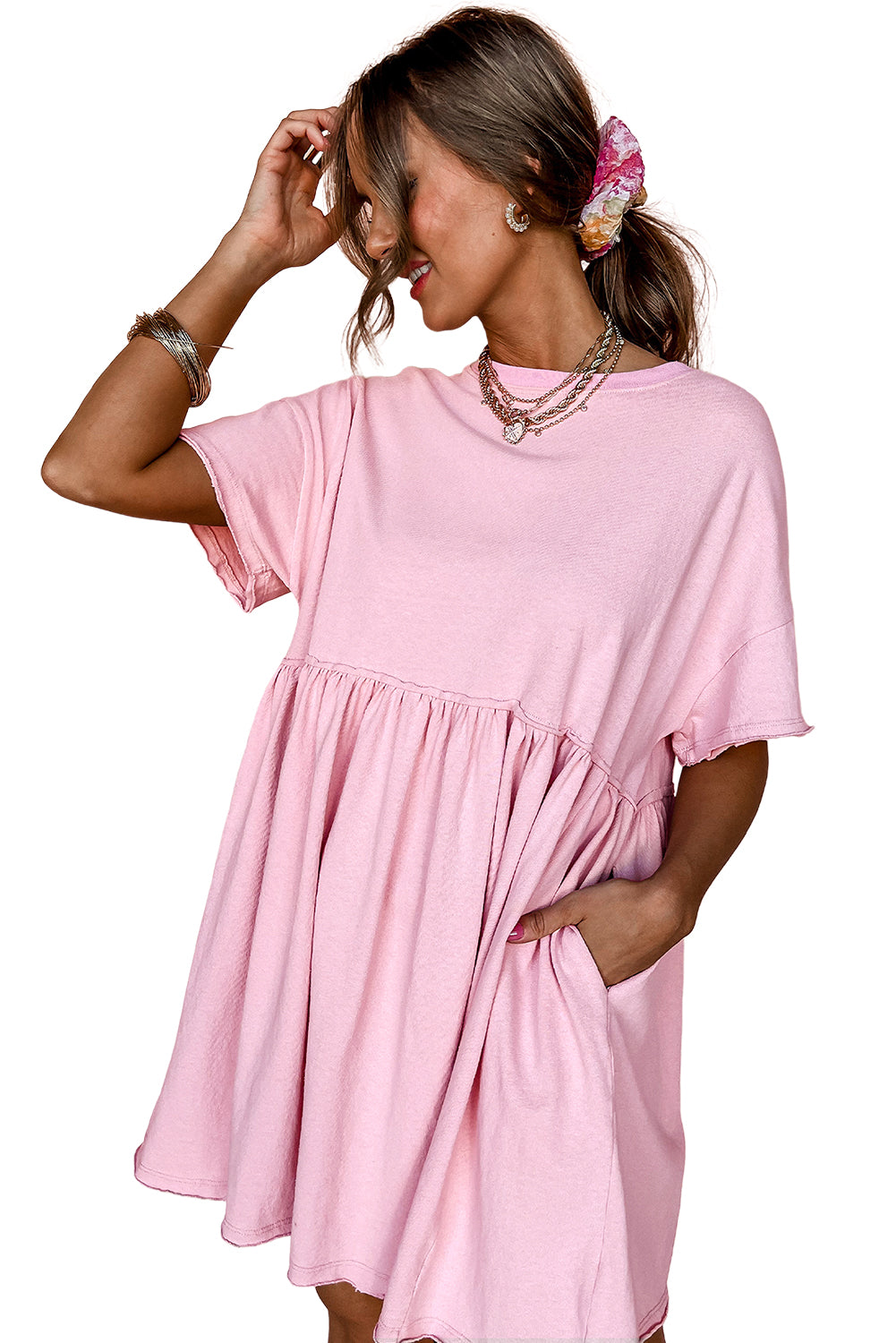 Light Pink Solid Color Pocketed Raw Edge Babydoll Dress Mini Dresses JT's Designer Fashion