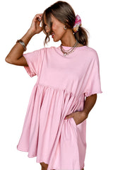Light Pink Solid Color Pocketed Raw Edge Babydoll Dress Mini Dresses JT's Designer Fashion