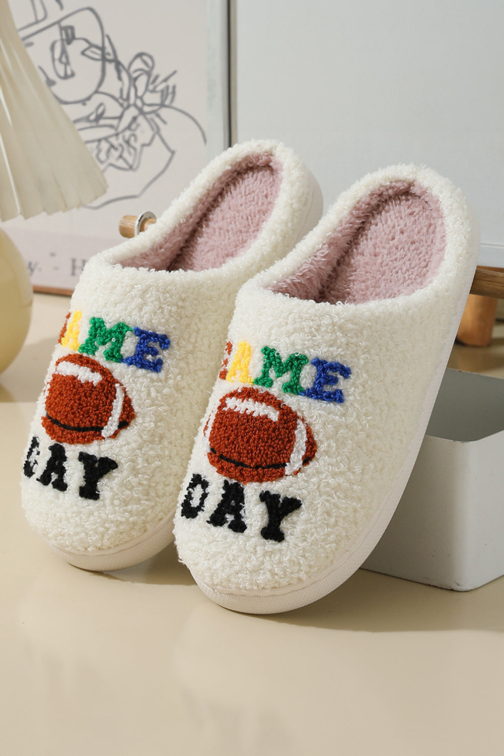 White GAME DAY Rugby Football Plush Slippers Slippers JT's Designer Fashion