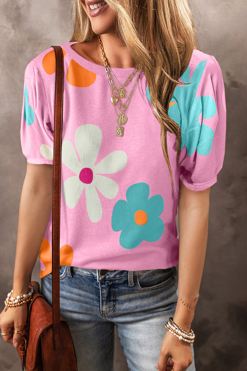 Pink Flower/Bowknot Print Bubble Sleeve Tee Tops & Tees JT's Designer Fashion