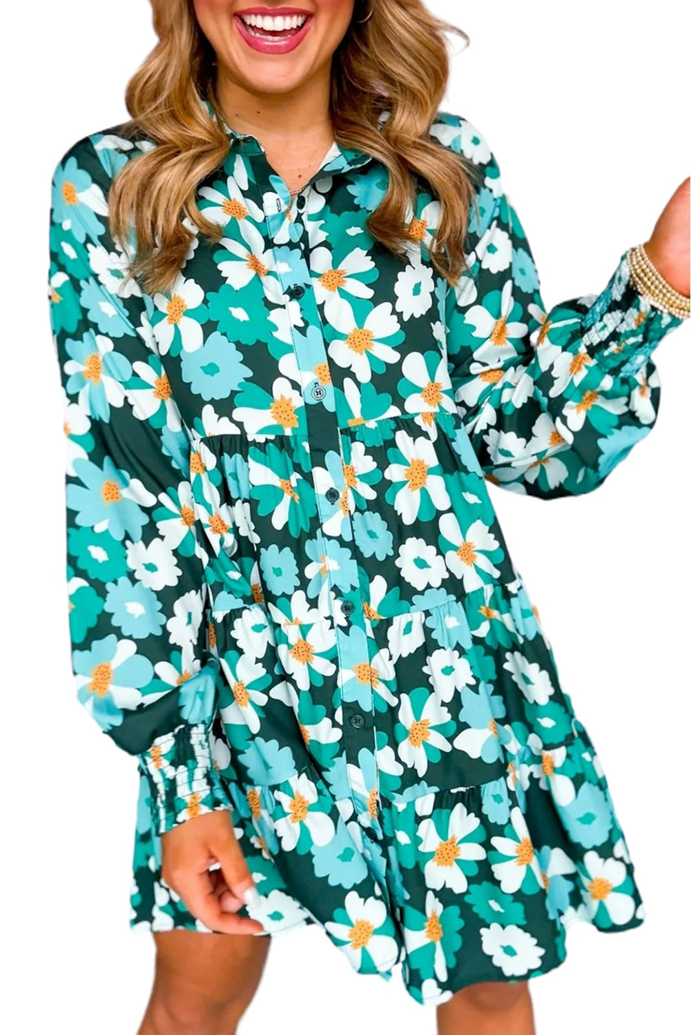 Green Floral Tiered Long Puff Sleeve Shirt Dress Floral Dresses JT's Designer Fashion