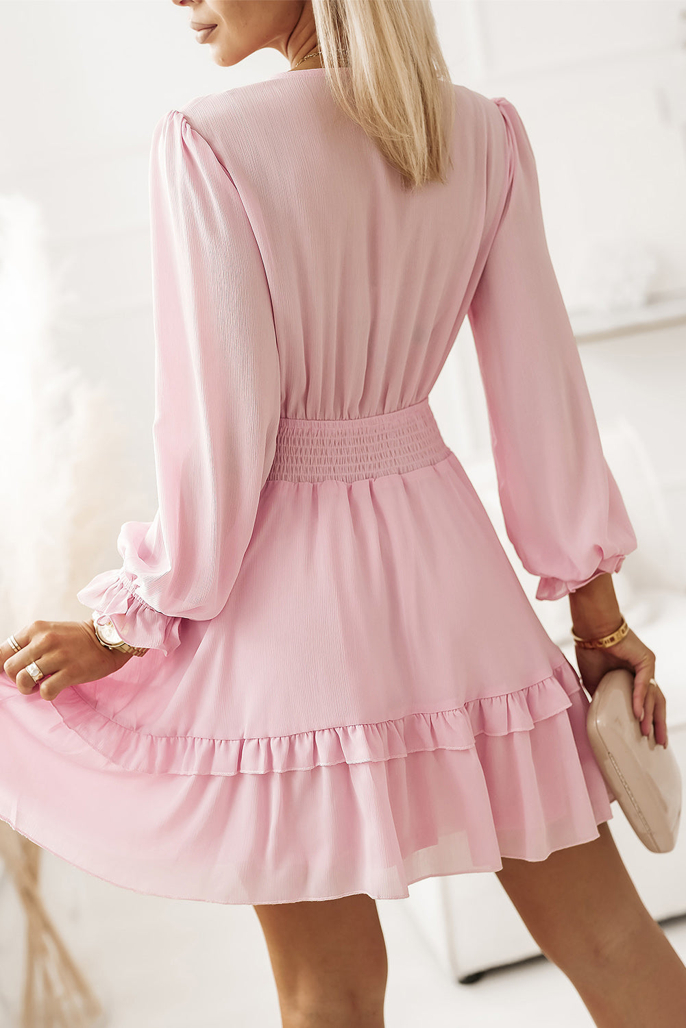 Pink Deep V Neck Lantern Sleeve Knotted Tiered Mini Dress Mini Dresses JT's Designer Fashion