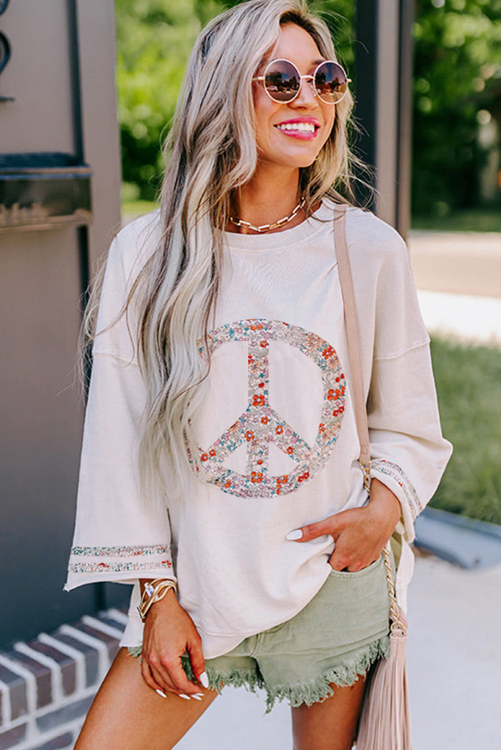 Jet Stream Floral Peace Sign Graphic Drop Shoulder Wide Sleeve Casual Top Long Sleeve Tops JT's Designer Fashion