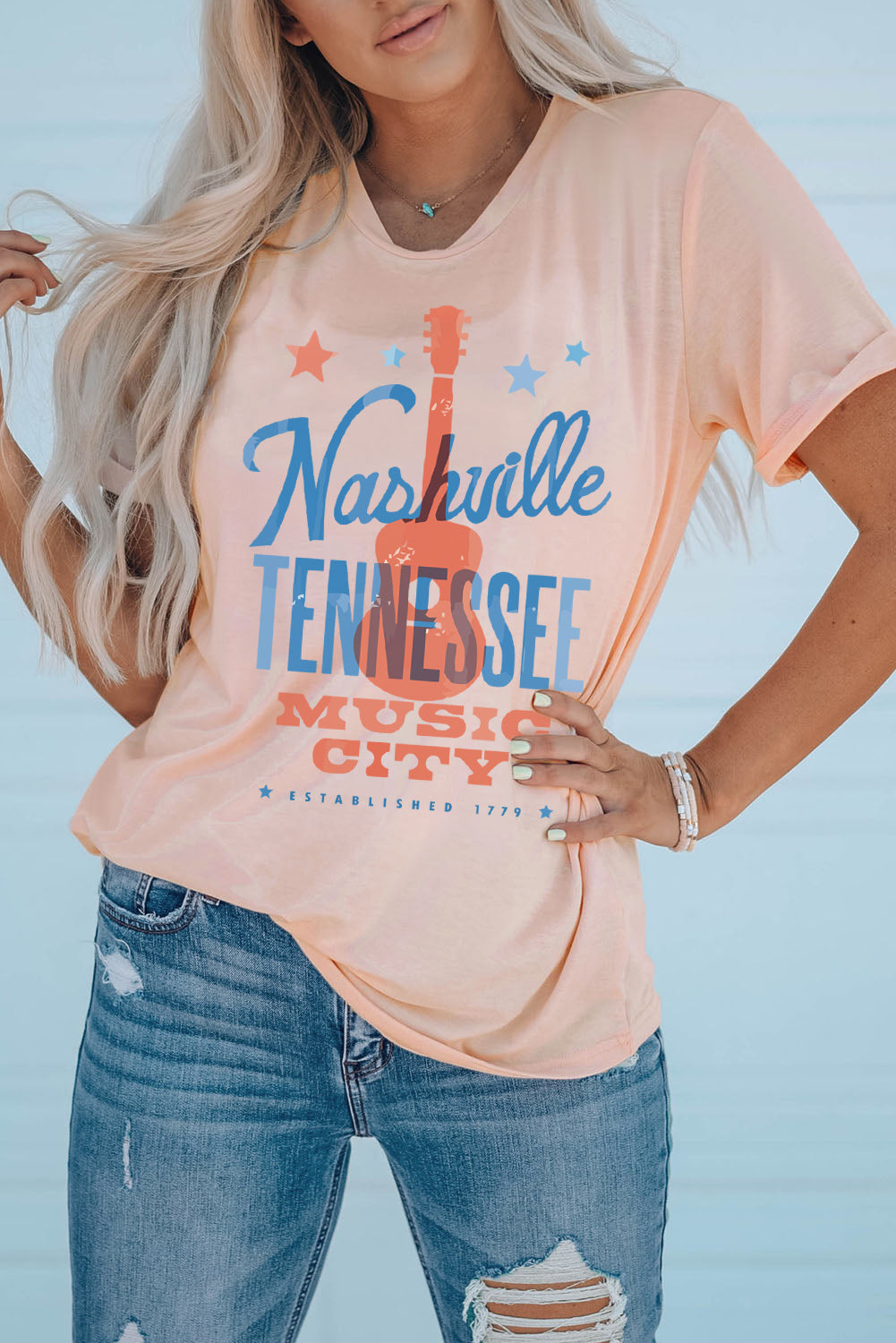 Pink Nashville Tennessee Music City Graphic Crewneck Top Pink 95%Polyester+5%Elastane Graphic Tees JT's Designer Fashion