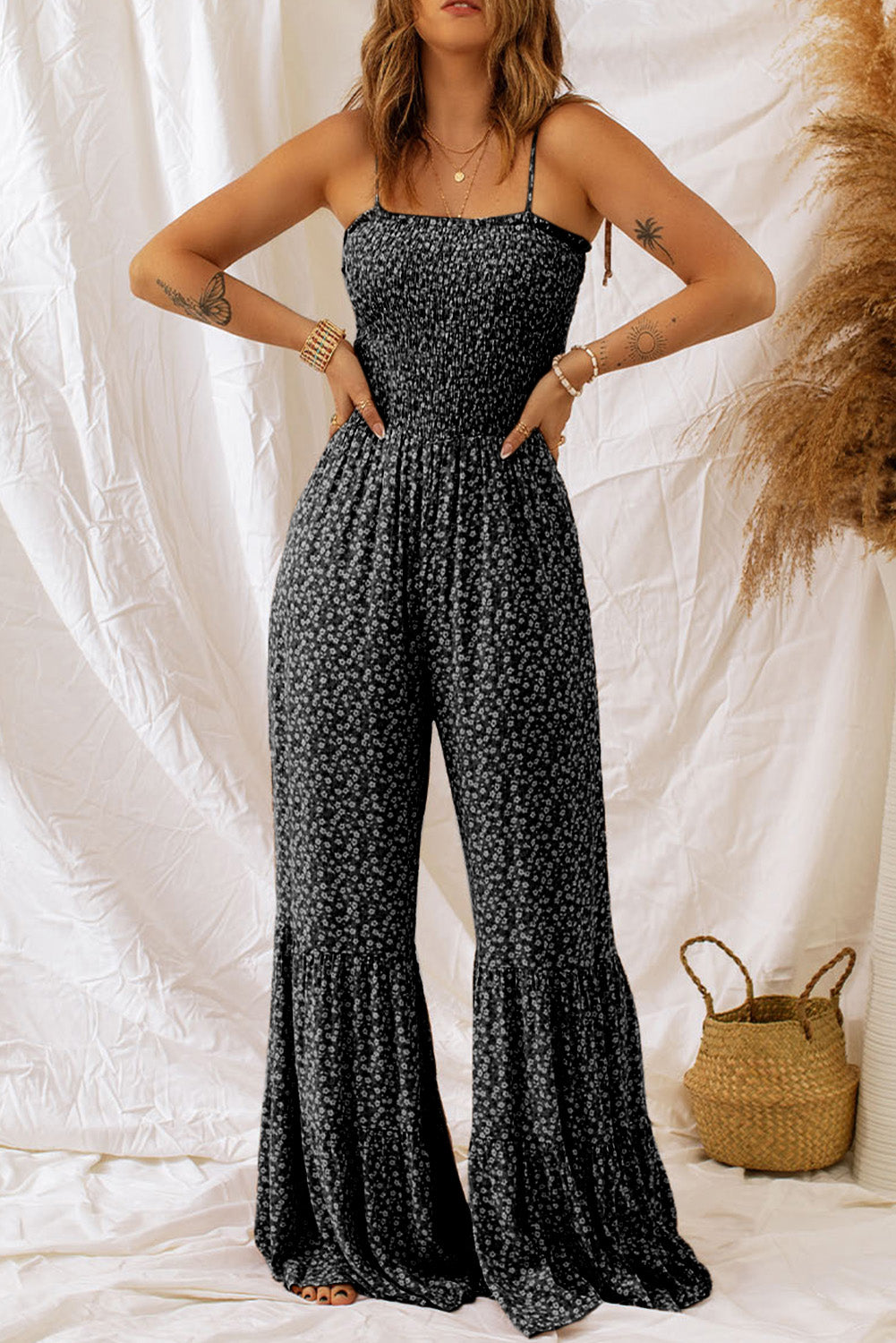 Black Khaki Thin Straps Smocked Bodice Wide Leg Floral Jumpsuit Pre Order Bottoms JT's Designer Fashion