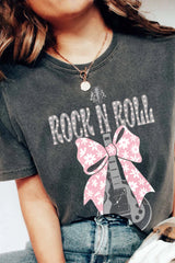 Black ROCK N ROLL Bowknot Guitar Graphic T Shirt Graphic Tees JT's Designer Fashion