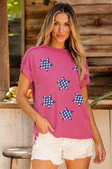 Rose Red Sequin Star Graphic Corded Side Split Patriotic T Shirt Graphic Tees JT's Designer Fashion