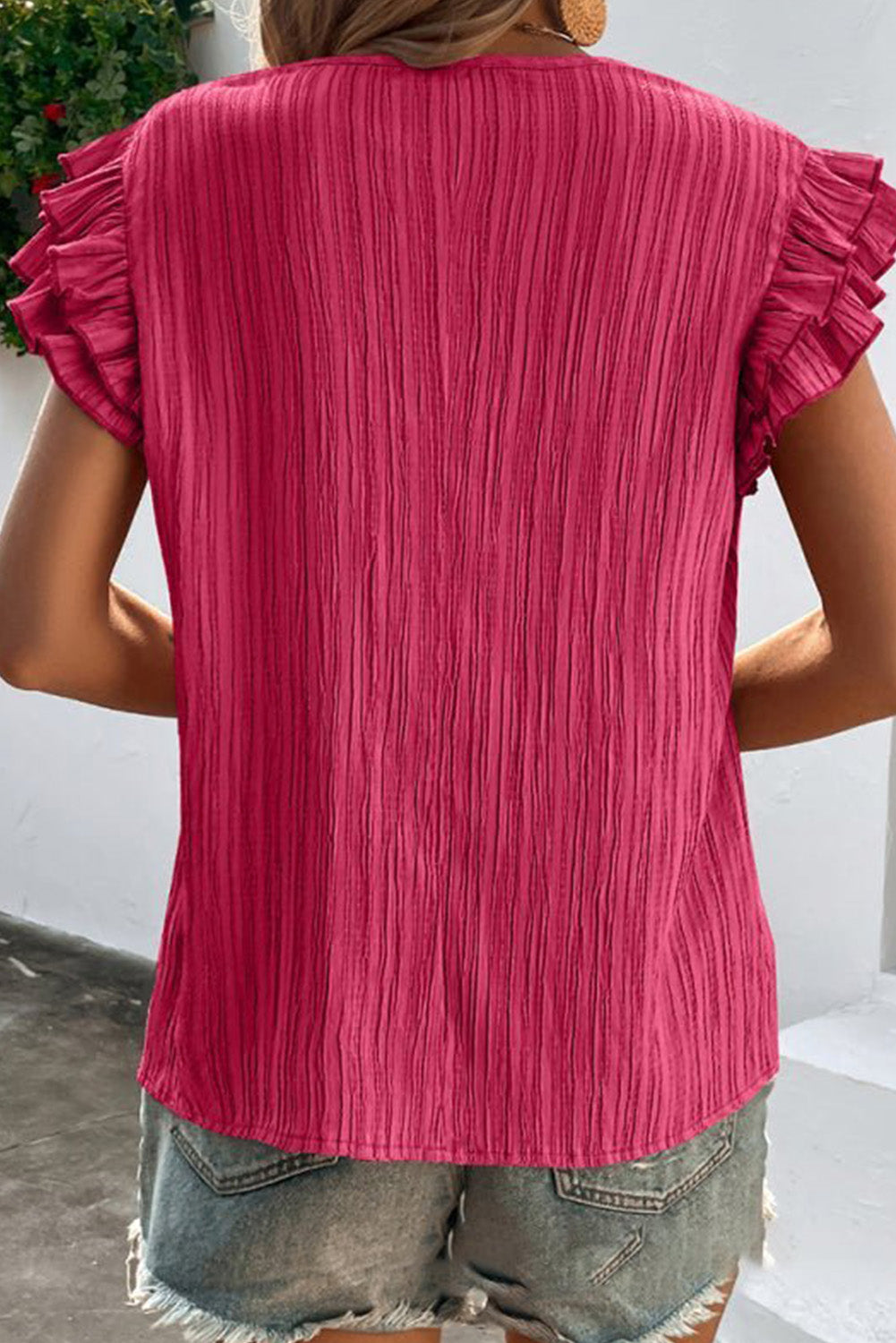 Rose Red Textured Ruffled Sleeve Top Tops & Tees JT's Designer Fashion