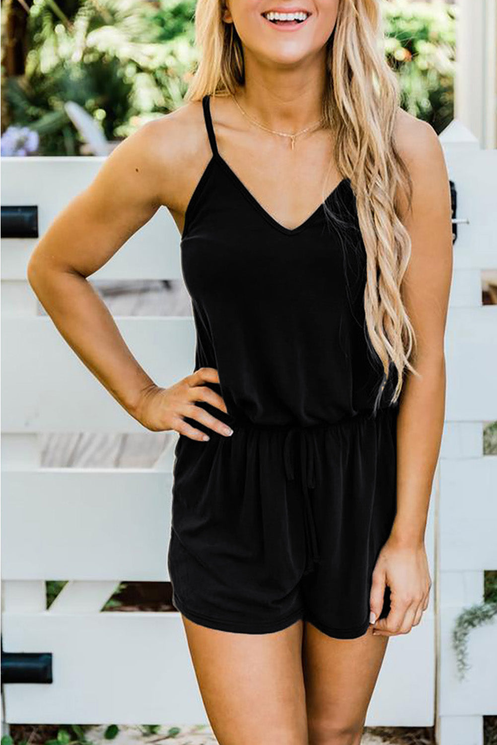 Black Spaghetti Straps V Neck Crisscross Back Romper Black 95%Polyester+5%Spandex Jumpsuits & Rompers JT's Designer Fashion