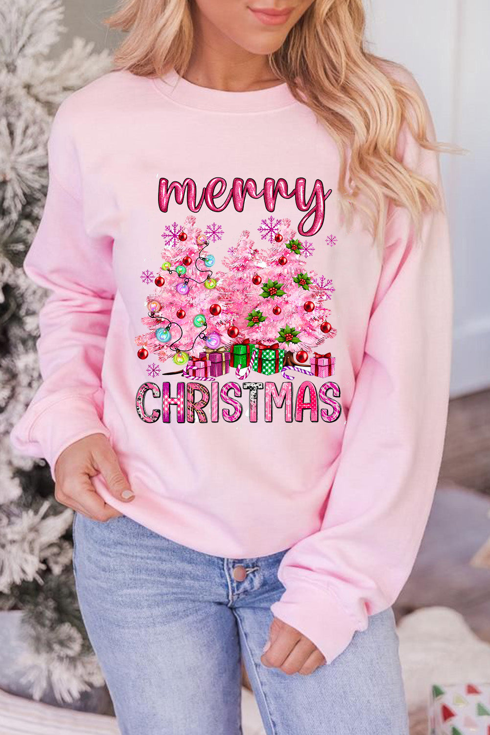 Pink Merry Christmas Graphic Crew Neck Pullover Sweatshirt Pink 50%Polyester+50%Cotton Graphic Sweatshirts JT's Designer Fashion