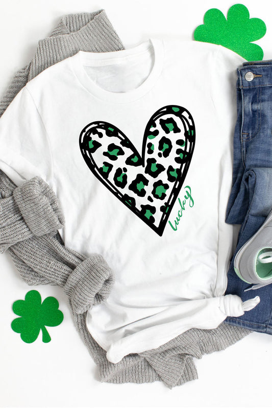 White Lucky Leopard Heart Print St Patricks Day T Shirt Graphic Tees JT's Designer Fashion