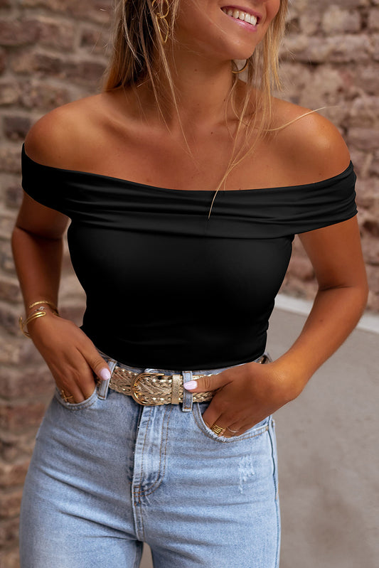 Black Folded Off Shoulder Slim Top Tops & Tees JT's Designer Fashion