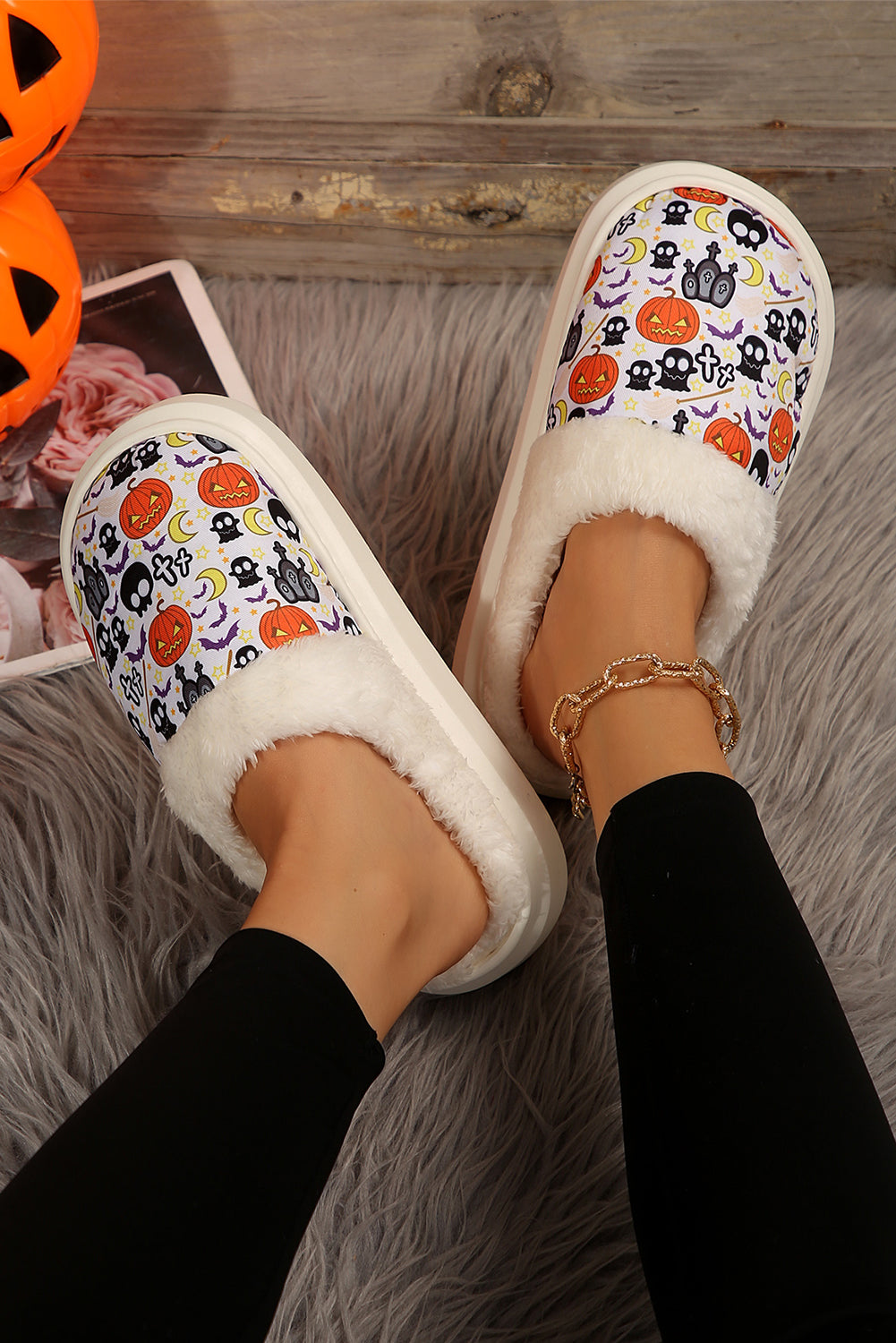 White Halloween Pumpkin Ghost Print Plush Home Slippers Slippers JT's Designer Fashion