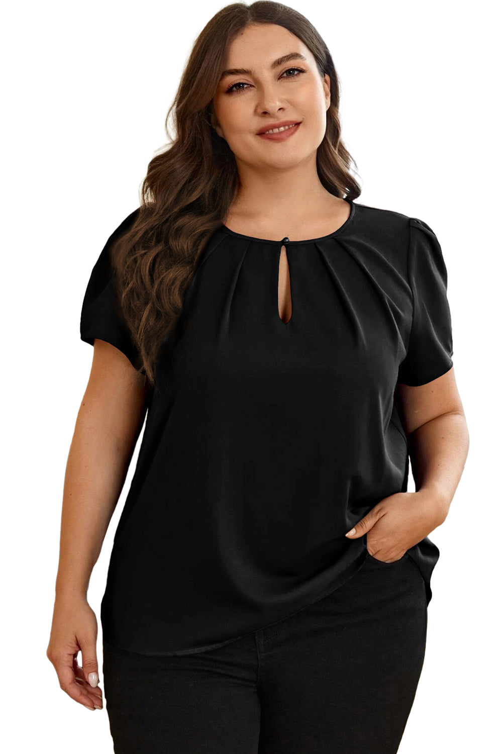 Black Keyhole Pleated Crew Neck Plus Size T Shirt Plus Size JT's Designer Fashion