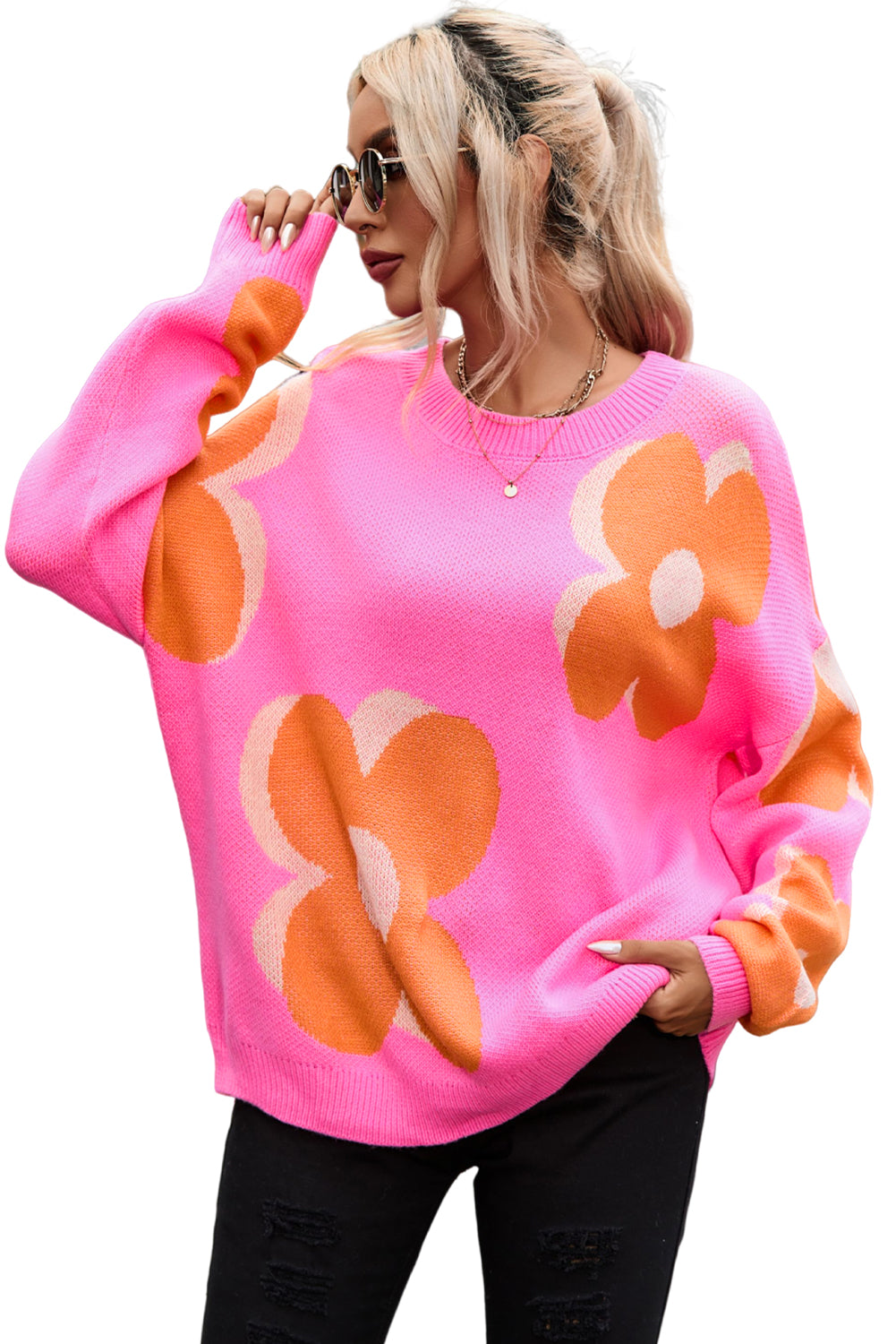 Flower Pattern Slouchy Sweater Sweaters & Cardigans JT's Designer Fashion