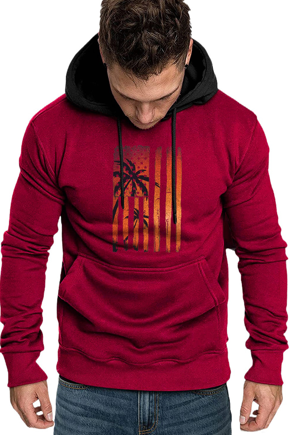 Fiery Red Men's American Flag Graphic Print Pocket Color Block Hoodie Men's Tops JT's Designer Fashion