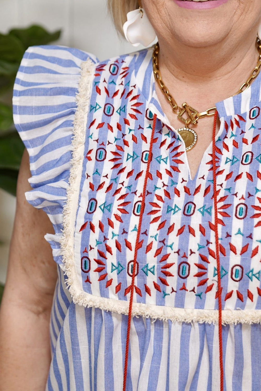 Sky Blue Striped Embroidered Tassel Tie Neck Frilled Trim Plus Blouse Plus Size JT's Designer Fashion