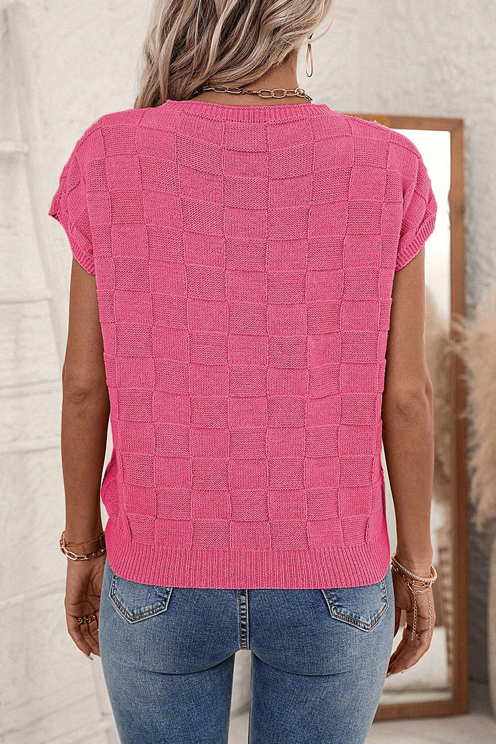 Bright Pink Lattice Textured Knit Short Sleeve Sweater Pre Order Sweaters & Cardigans JT's Designer Fashion