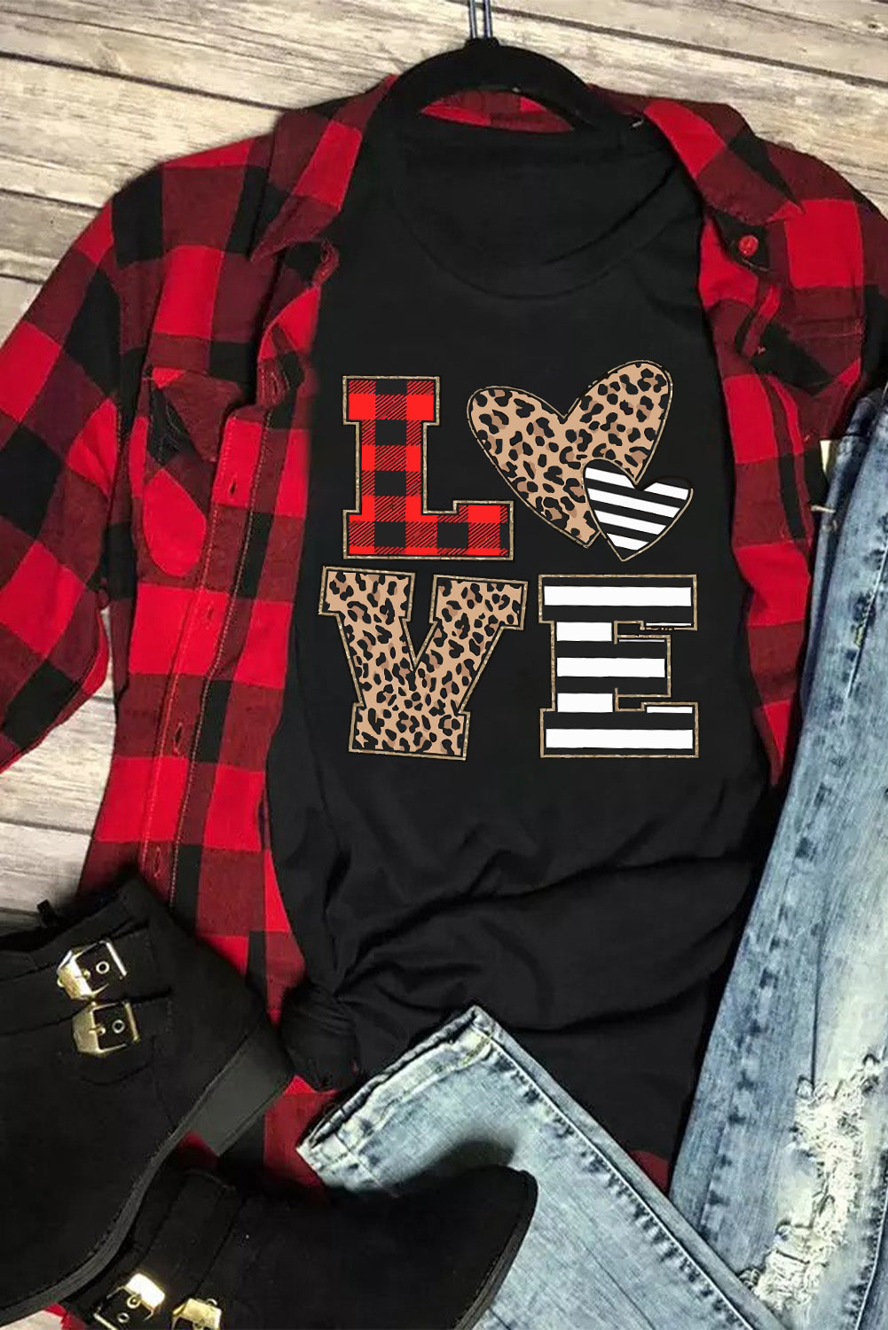 Black LOVE Heart Plaid Striped Leopard Print Graphic T Shirt Graphic Tees JT's Designer Fashion