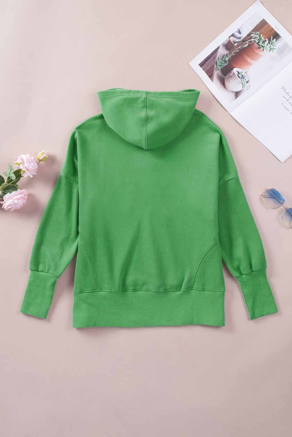 Green Batwing Sleeve Pocketed Henley Hoodie Sweatshirts & Hoodies JT's Designer Fashion