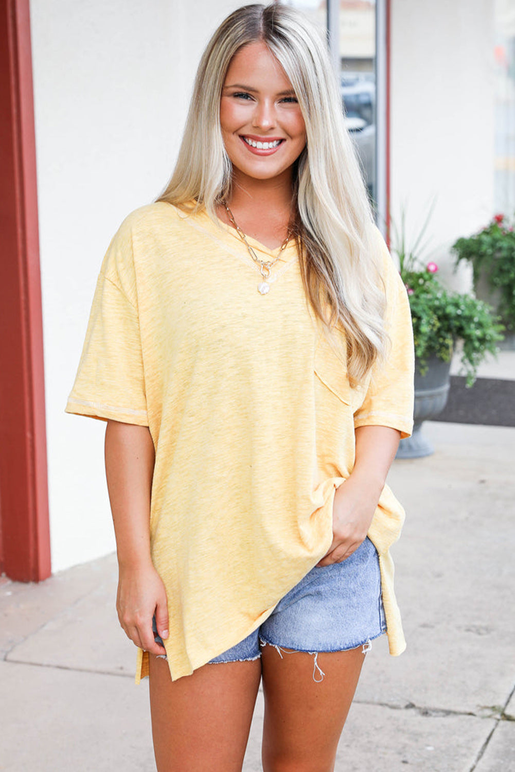 Yellow Cream Thermal Knit V Neck Plus Size Tee Plus Size JT's Designer Fashion