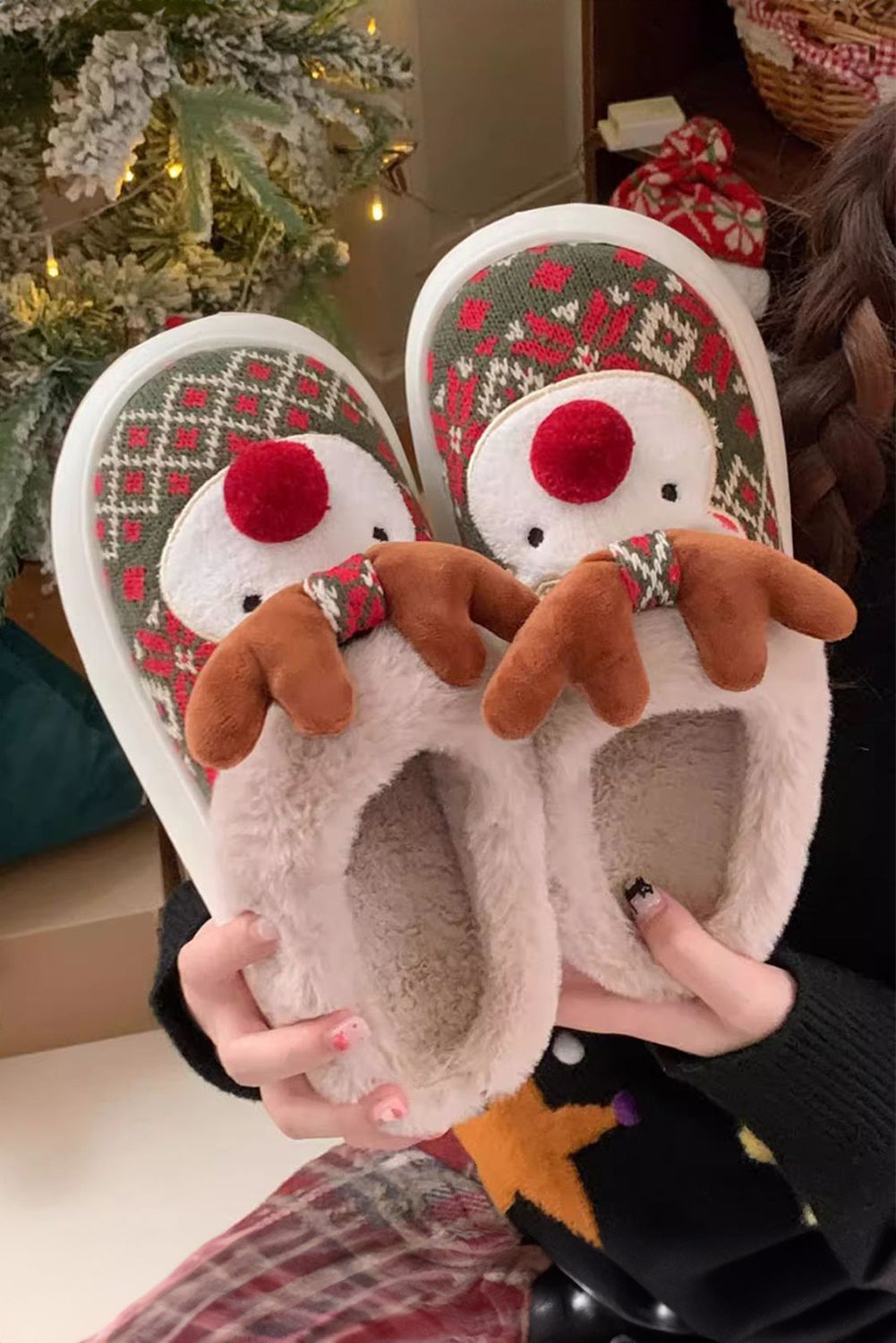 Dark Green Christmas Cartoon Reindeer Plush Home Slippers Slippers JT's Designer Fashion