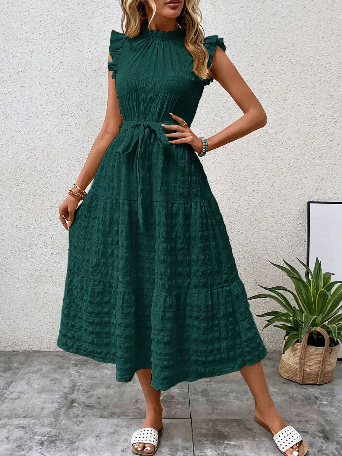 Tied Ruffled Cap Sleeve Midi Dress Midi Dresses JT's Designer Fashion