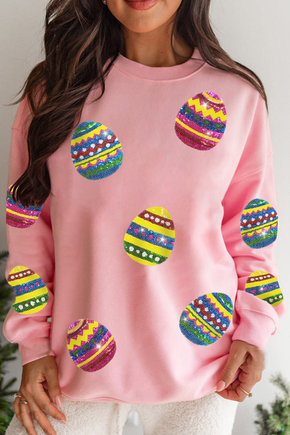 Pink Eater Egg Sequin Patched Crew Neck Sweatshirt Pink 50%Polyester+50%Cotton Graphic Sweatshirts JT's Designer Fashion