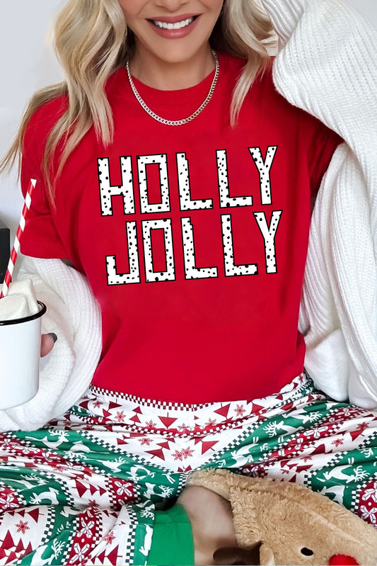 Red HOLLY JOLLY Letter Graphic Round Neck T Shirt Graphic Tees JT's Designer Fashion