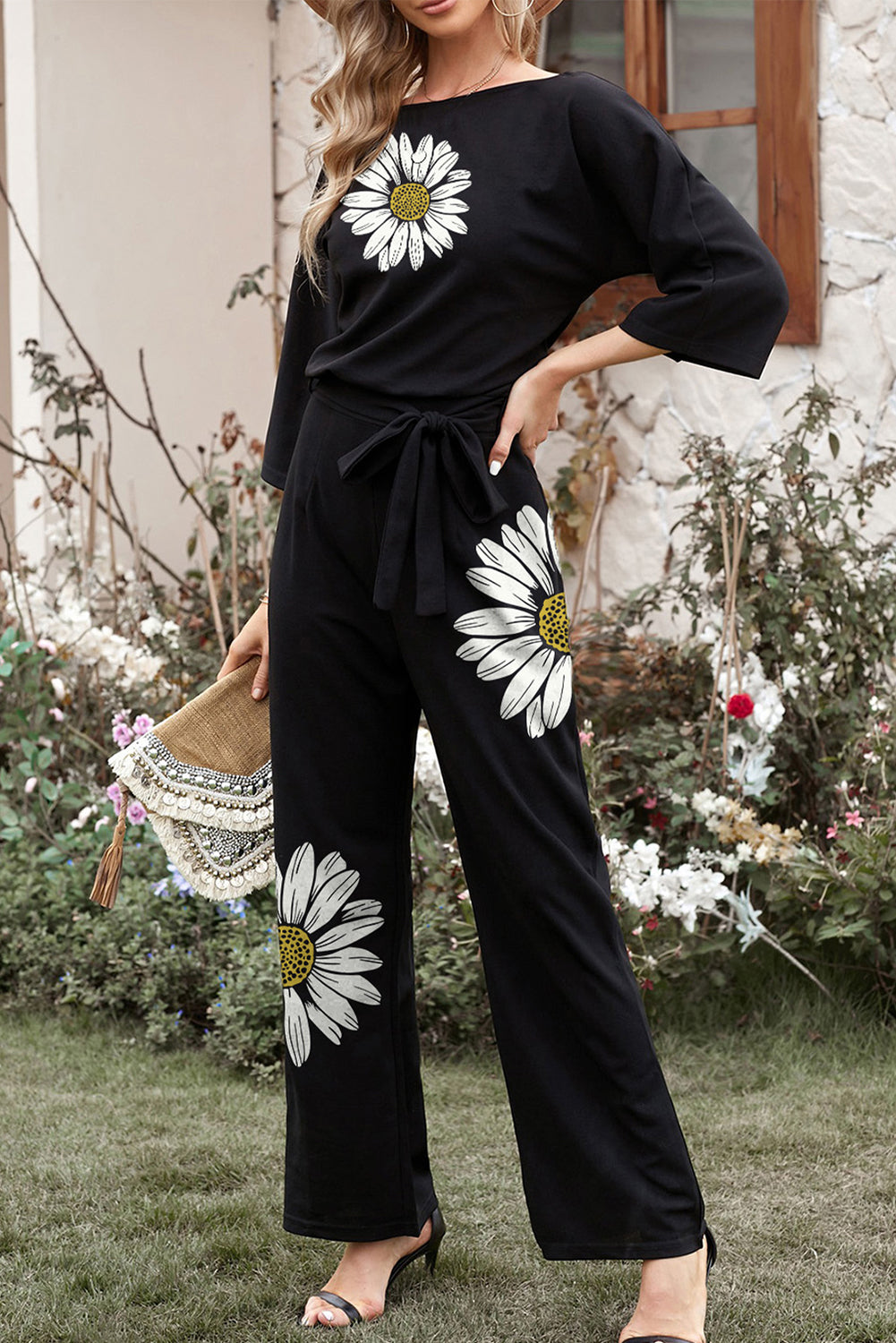 Black Daisy Print Lace-up High Waist Wide Leg Jumpsuit Jumpsuits & Rompers JT's Designer Fashion