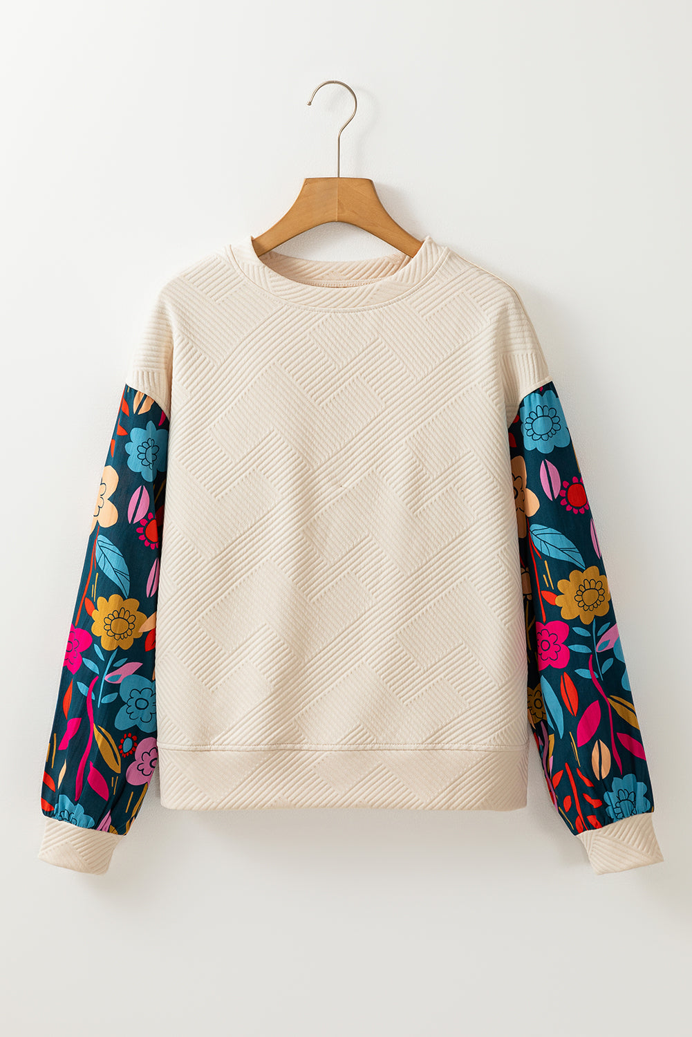 White Contrast Floral Sleeve Textured Drop Shoulder Knit Top Long Sleeve Tops JT's Designer Fashion