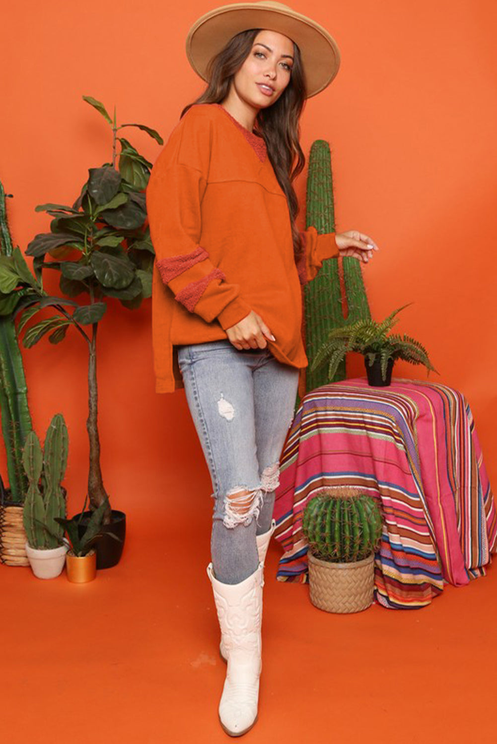 Carrot Fleece Patchwork Side Slits High Low Sweatshirt Sweatshirts & Hoodies JT's Designer Fashion