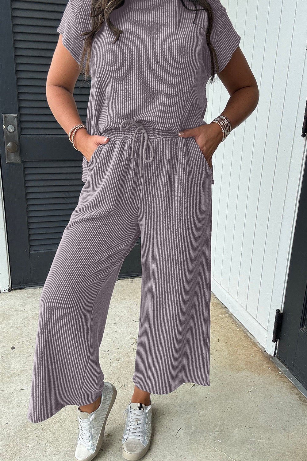 Wild Wind Solid Corded Knit Short Sleeve T Shirt and Wide Leg Pants Set Pant Sets JT's Designer Fashion