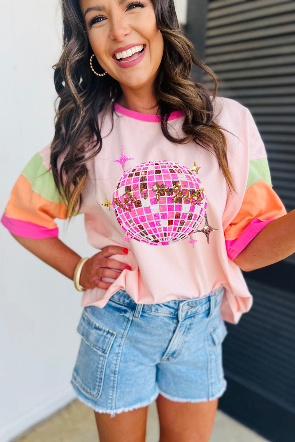 Pink Sequin Disco Ball Color Block Sleeve Graphic Tee Graphic Tees JT's Designer Fashion