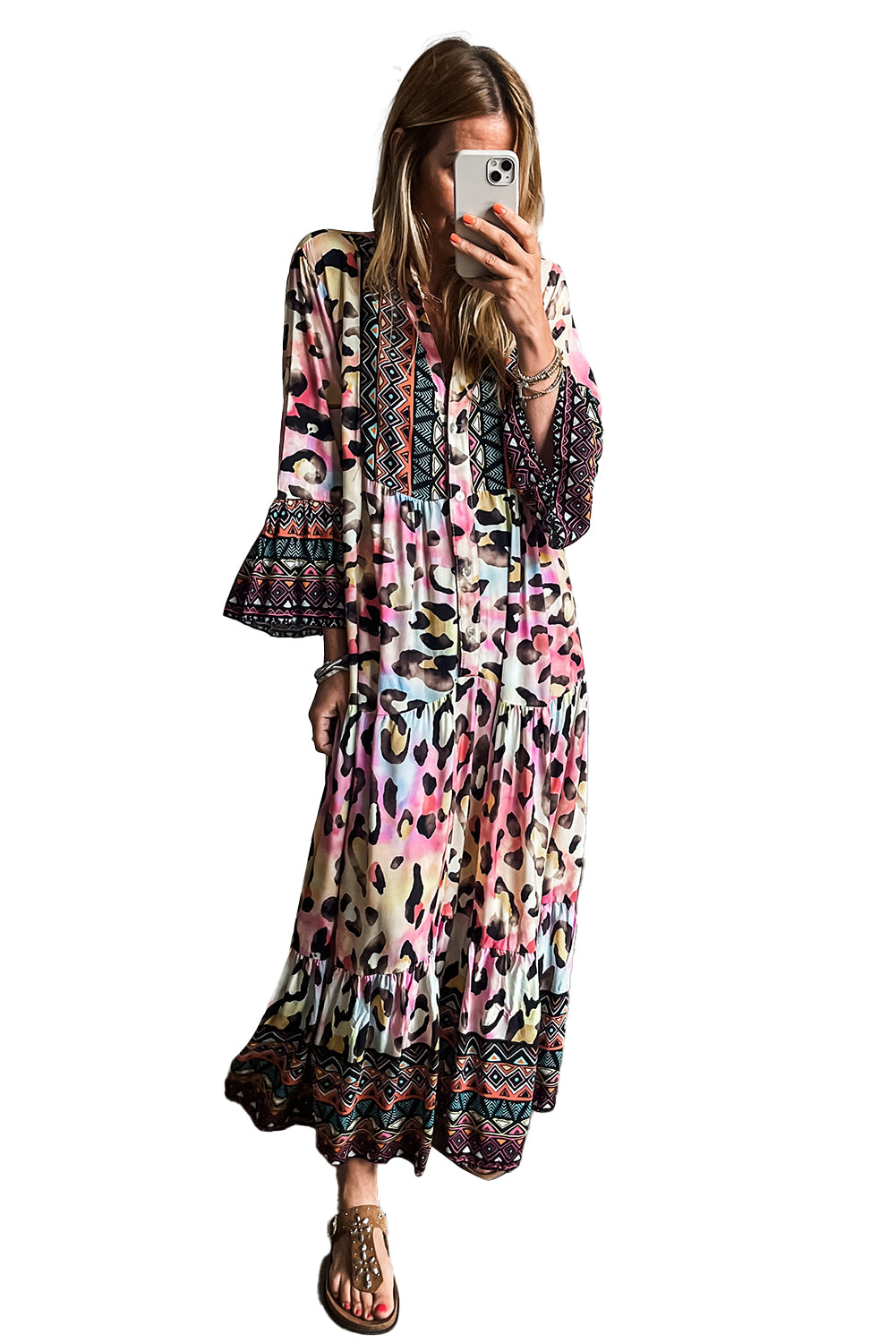 Pink Western Leopard Printed 3/4 Sleeve Buttoned Front Tiered Maxi Dress Maxi Dresses JT's Designer Fashion