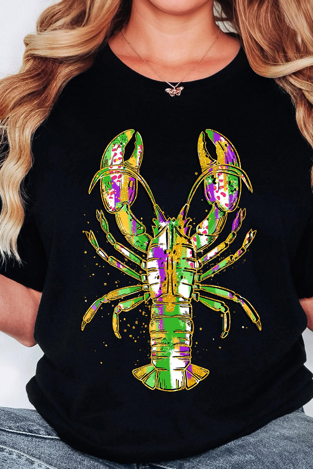 Black Mardi Gras Lobster Heat Transfer Graphic T Shirt Graphic Tees JT's Designer Fashion